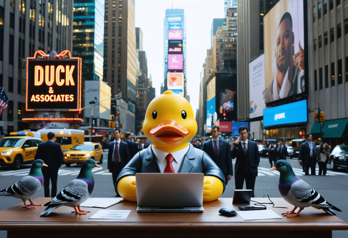 AI art creation - Giant business-suited rubber duck at miniature office desk in Times Square with suited pigeons, retro neon signage, and commercial advertising aesthetic