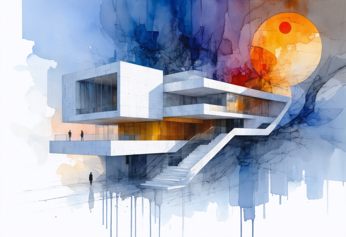 Highly detailed composition images - Abstract modernist architecture dissolving into watercolor geometries, with Bauhaus-inspired forms in indigo and terra cotta, featuring impossible perspectives and floating human silhouettes